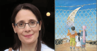 Rula Khoury Mansour and next to her a painting of Suleiman Mansour