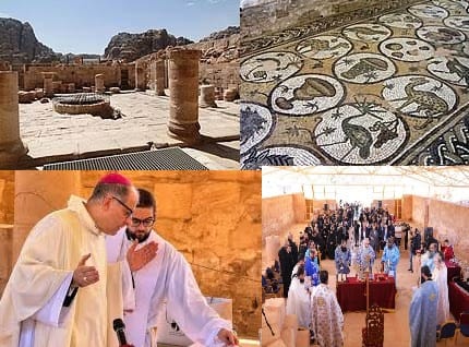فسيفساء وجد في موقع الكنيسة وقيام الصلاة من قبل الارثوذكس واللاتين