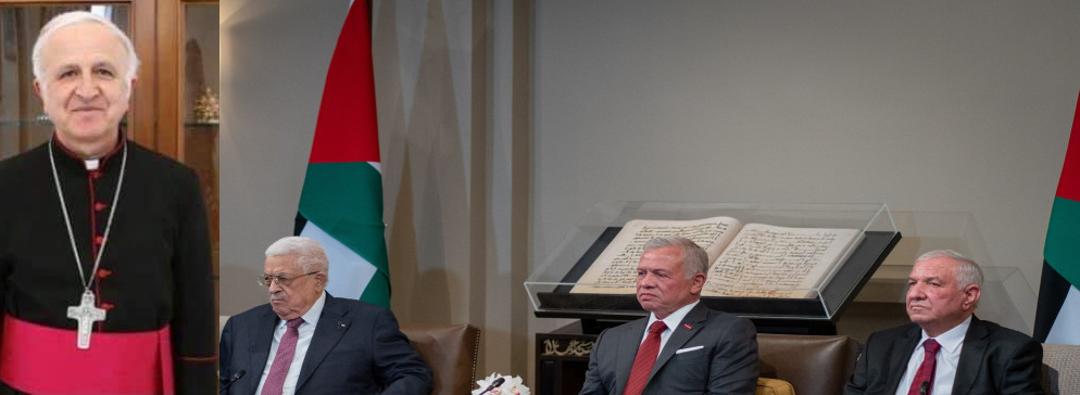 Left Bishop Shomali addressing King abdullah and President Abbas